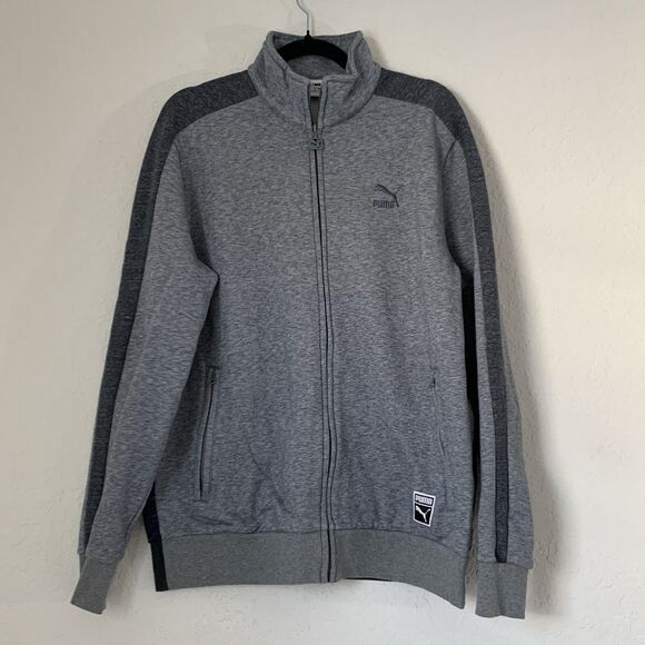 Puma Jacket Men L Track Fleece Heather Gray Blue Colorblock Full Zip Athletic - Picture 1 of 8
